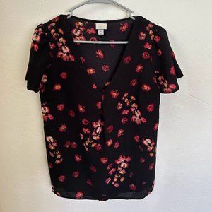 Floral Black V Neck Blouse